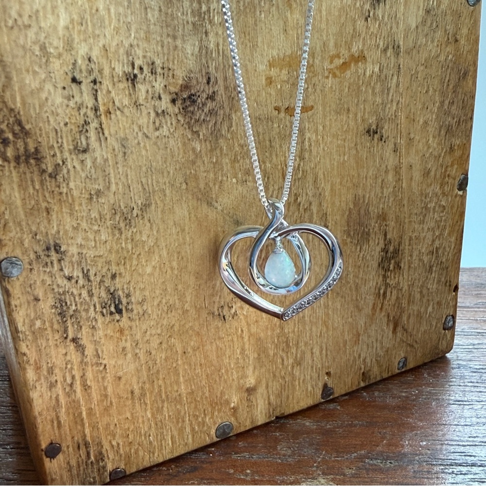 Sweet Opal & Rhinestone Heart Pendant on 18" Box Chain. 
925 Sterling Silver.